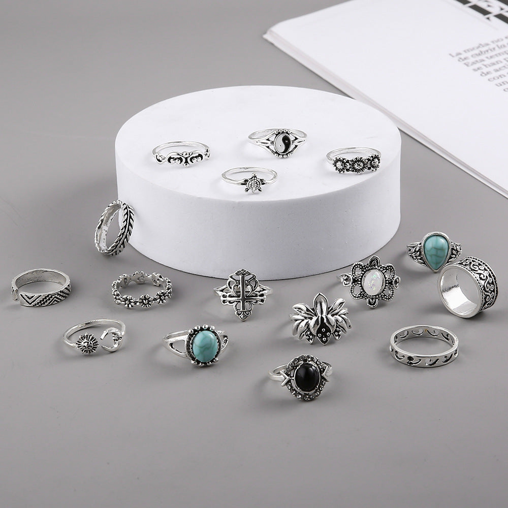 Wholesale Vintage carved black gemstone ring personalized turtle flower combination 16-piece set